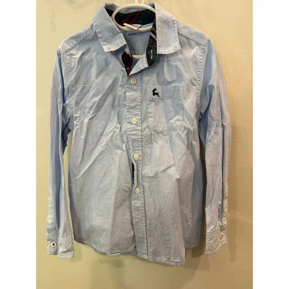 Gymboree Boys Light Blue Long Sleeve Button Down Plaid Trim Reindeer 100 cotton